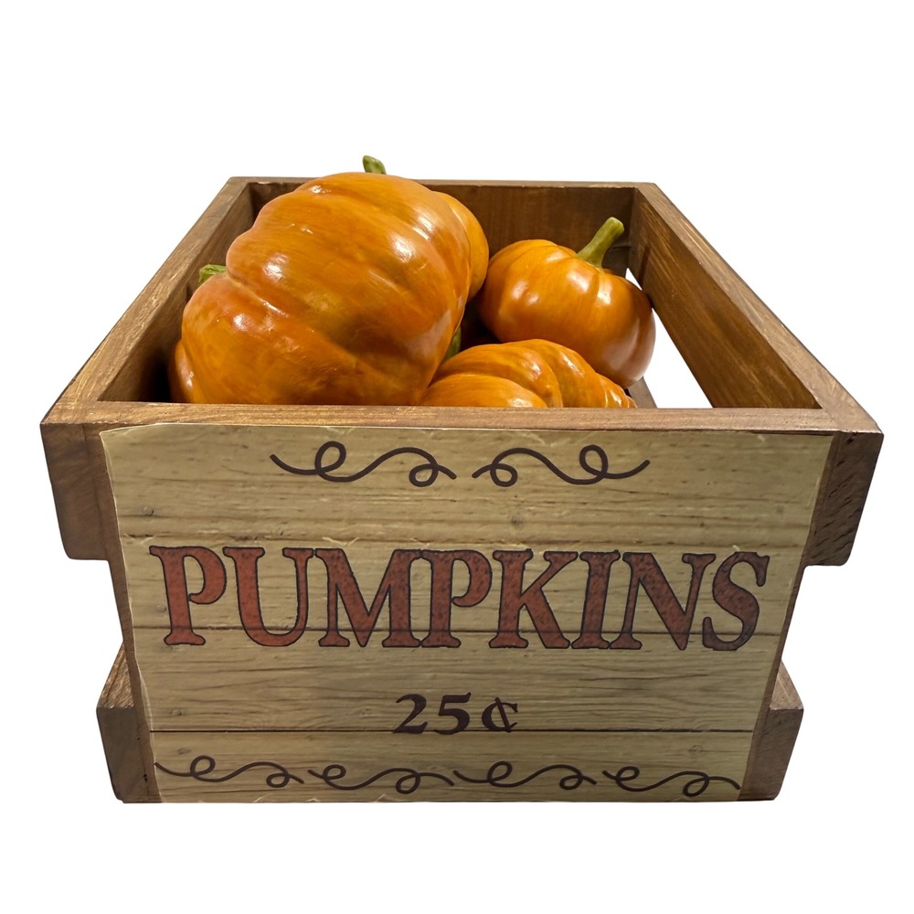 Rustic Wood Crate with 6 Pumpkins Fall Harvest Thanksgiving Halloween Decor